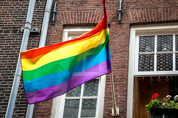 rainbow flag on a flag pole on a wall beside a window